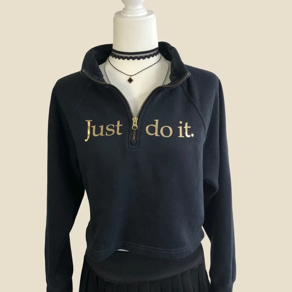 Nike Gold Foil Just Do It 1/4 Zip Cropped Sweatshirt Womens S Black Relaxed